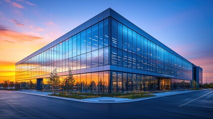 Fototapeta premium Modern Glass Office Building at Sunset: Architectural Marvel