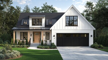 A picturesque modern farmhouse with a white exterior, board and batten siding, a warm oak front door, a covered porch, and sleek black-framed windows and garage door 