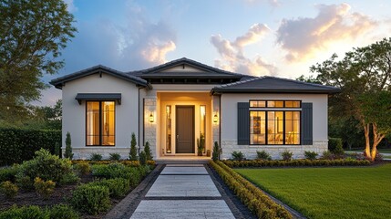 A picturesque modern home exterior with a warm front porch, a trendy entrance door painted in a vibrant hue, clean shutters on the windows, and a neatly paved yard leading to the entrance 