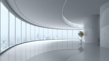 Obraz premium A modern, minimalist room with curved glass windows overlooking the city
