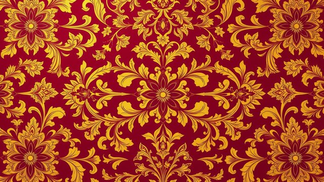 A luxurious red and gold damask pattern background ideal for elegant designs and festive projects requi a rich textured visual appeal.