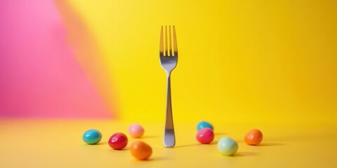 A single fork stands tall amidst a scattering of colorful candy, a vibrant contrast against a sunny yellow backdrop, evoking a playful and whimsical feel.