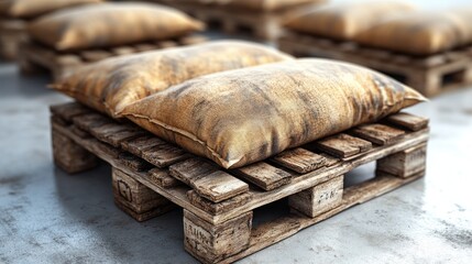 Rustic Pallet Seating with Weathered Sandbags: A study in repurposed materials and textures.