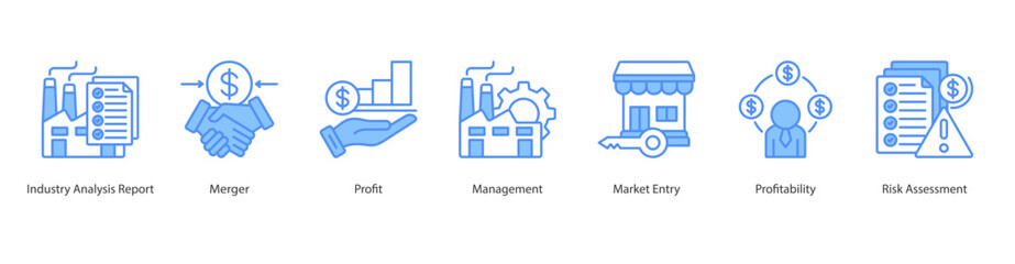 Strategic Business Expansion icon sheet web vector illustration industry analysis report, merger, profit, management, market entry, profitability, risk assessment