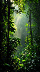 Fototapeta premium Portray a vibrant rainforest teeming with life, featuring towering trees draped in vines, dappled sunlight filtering through the dense canopy, and the serene sounds of cascading streams and exotic