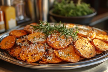 Plated roasted sweet potato slices glisten with parmesan and rosemary sprigs, ready for serving