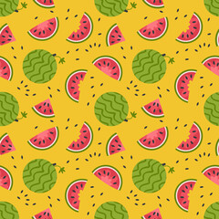 Summer seamless pattern with watermelons in flat style. Perfect art background for banner, card, textile, fabric, paper, sale. Hand drawn illustration.