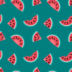 Flat style summer watermelon slices seamless pattern. Perfect art background for textile, fabric, paper, sale, card. Hand drawn illustration.