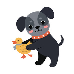 Naklejka premium Cute cartoon dog character in orange sweater and black hat vector illustration with playful expression 