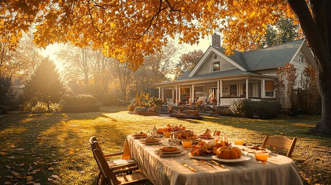 A retro Thanksgiving scene with a wide backyard, featuring a charming 1950s home, golden autumn leaves, and vintage-style table decor, creating a harmonious blend of nostalgia and festivity 