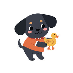 Cute cartoon dog wearing blue cap orange shirt and blue shorts vector illustration for children and pet themes 