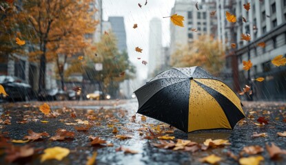 Autumn Rainy City Street with Umbrella and Fallen Leaves – Moody Urban Atmosphere
