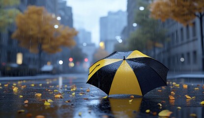 Autumn Rainy City Street with Umbrella and Fallen Leaves – Moody Urban Atmosphere