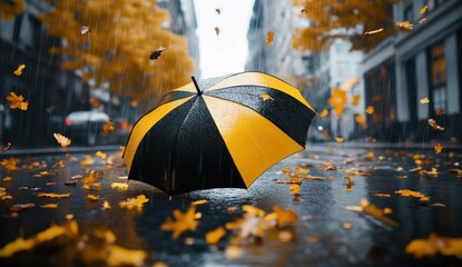Autumn Rainy City Street with Umbrella and Fallen Leaves – Moody Urban Atmosphere