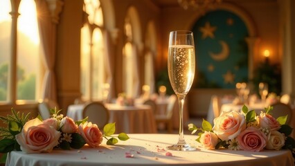 Golden Hour Celebration A Sparkling Toast Amidst Romantic Floral Arrangements in an Elegant Ballroom