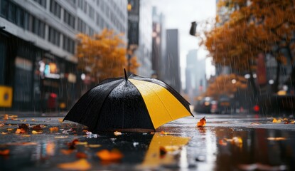 Autumn Rainy City Street with Umbrella and Fallen Leaves – Moody Urban Atmosphere
