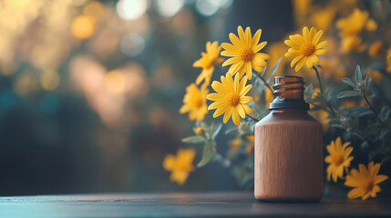 Fototapeta premium An essential oil or perfume bottle with yellow flowers