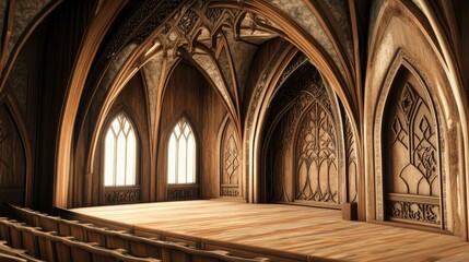 Fototapeta premium Gothic Wooden Hall: Intricate Carvings and Architectural Grandeur