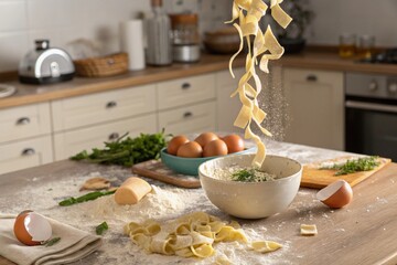 raw pasta made of dough flying over table with ingredients and bowl in kitchen - generated by ai