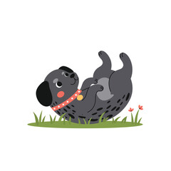 Cute cartoon dog holding red balloon wearing orange hoodie happy jumping vector illustration 