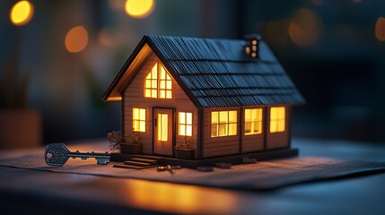 A small, beautifully crafted tiny house model with a pitched roof, placed beside gleaming silver keys, illustrating the concept of purchasing a compact home in real estate 