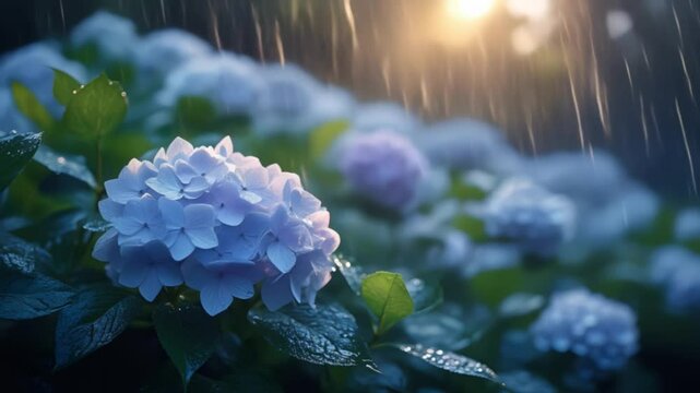 Rain falls and gentle sunlight enters the garden where hydrangeas bloom　アジサイが咲く庭園に雨が降り優しい日差しが入る