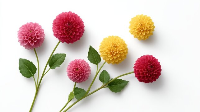A colorful and detailed arrangement of lush blooming dahlia flowers in a harmonious floral pattern
