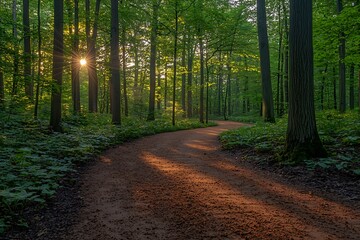 Obraz premium Sunlit path curves through lush forest