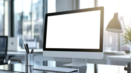 Modern Office Setting Featuring a Computer Monitor with Transparent PNG Cutout on a Glass Table for Personalized Branding