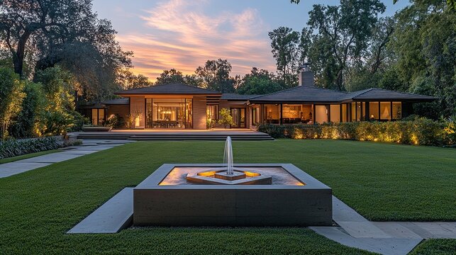A sophisticated farmhouse with a contemporary suburban flair, sitting on an expansive front lawn, with a geometric fountain and subtle lights that highlight the landscaped garden 