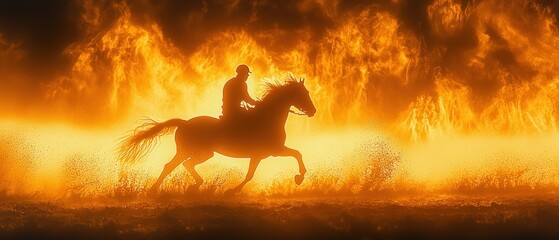 Silhouette of rider and horse galloping through fiery landscape. Dramatic scene of intense heat and movement