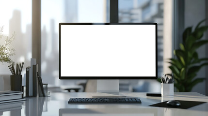 Fototapeta premium Stylish Office Background with a Computer Monitor Featuring a Transparent PNG Cutout Screen for Personalized Branding.