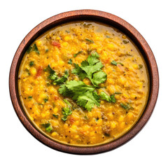 Overhead shot of dal tadka in a wooden bowl with cilantro garnish close up