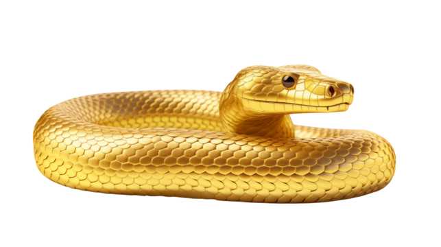 Coiled golden serpent with intricate scale pattern  isolated on transparent background	