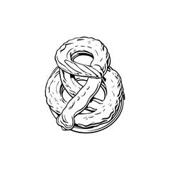 Detailed monochrome sketch of a freshly baked pretzel on a white backdrop