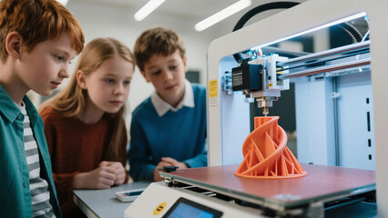 Kids amazed watching 3D printer create orange spiral design  future tech innovation