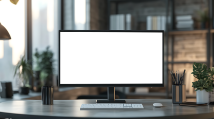 A Stylish Office Setting Featuring A Transparent PNG Monitor Display On A Glass Table With Personalized Branding