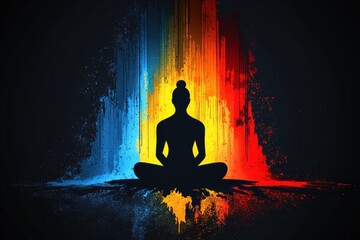 Silhouetted figure in lotus pose, centered against a vibrant, abstract background of cool and warm colors