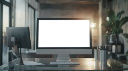 A Stylish Office Setting Featuring A Transparent PNG Monitor Display On A Glass Table With Personalized Branding