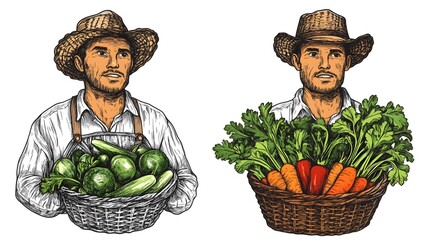 Two farmers, portrayed in vintage style, each holding a basket of fresh produce.
