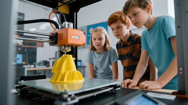 Young students watch 3D printer create amazing design innovation future technology
