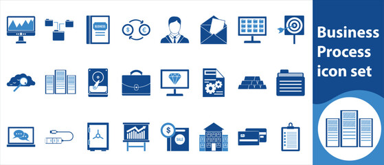 Business process icon set, freight, truck, port, ship, industry, storage, trade, distribution, product, supply, shipping, supplier, client, worldwide, cargo, export, crane and more
