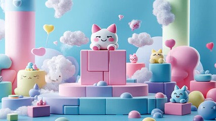 Colorful playful scene with cute characters and clouds