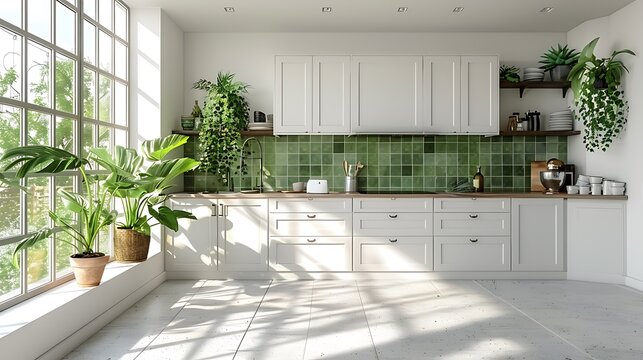 Bright kitchen with lush green plants high resolution picture
