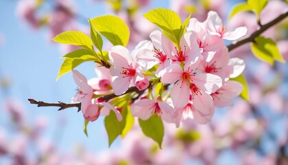 Obraz premium Delicate pink cherry blossoms and fresh green leaves on a twig against a bright spring sky, sunlight, cherry tree