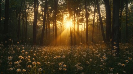 Fototapeta premium Golden sunrise through a misty forest of tall trees.