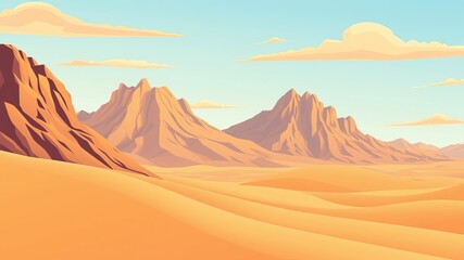 Naklejka premium A scenic desert landscape features majestic mountains under a bright sunny sky with soft clouds creating a tranquil and serene atmosphere.