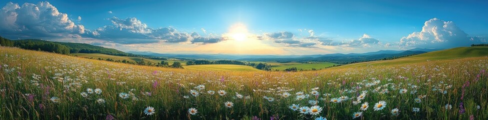 Panoramic view of a sunlit meadow with hills