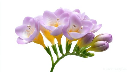 Obraz premium An elegant arrangement of soft pastel colored freesia blossoms in a clean minimalist pattern showcasing the natural beauty and fragrance of these spring flowers