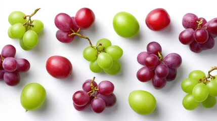 An assortment of fresh ripe green and red grape clusters arranged in a visually appealing pattern against a clean white background showcasing the natural beauty and diversity of this nutritious fruit